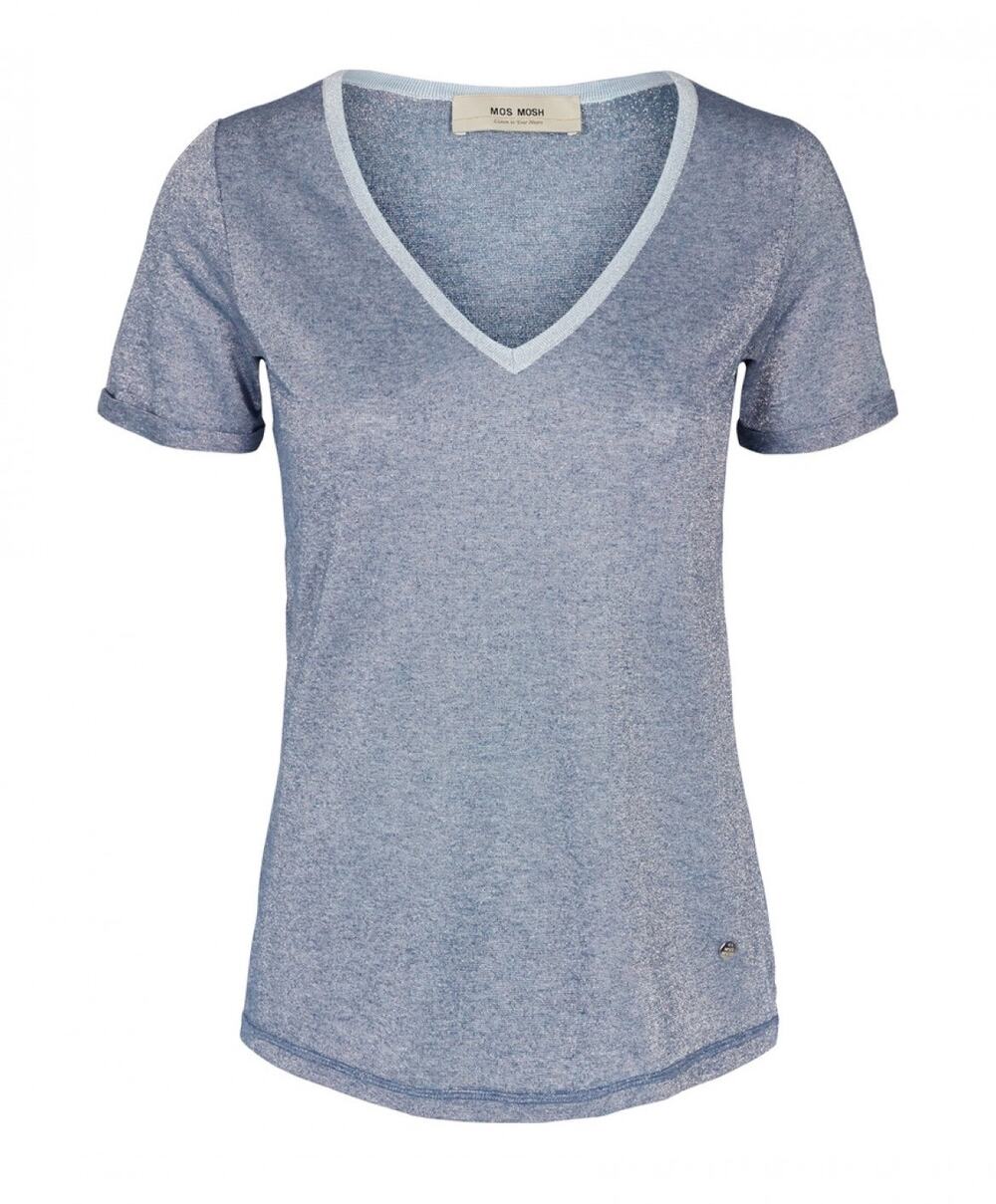 Mos Mosh Casio Blue Sparkly V-Neck Short Sleeve Top Sz M
